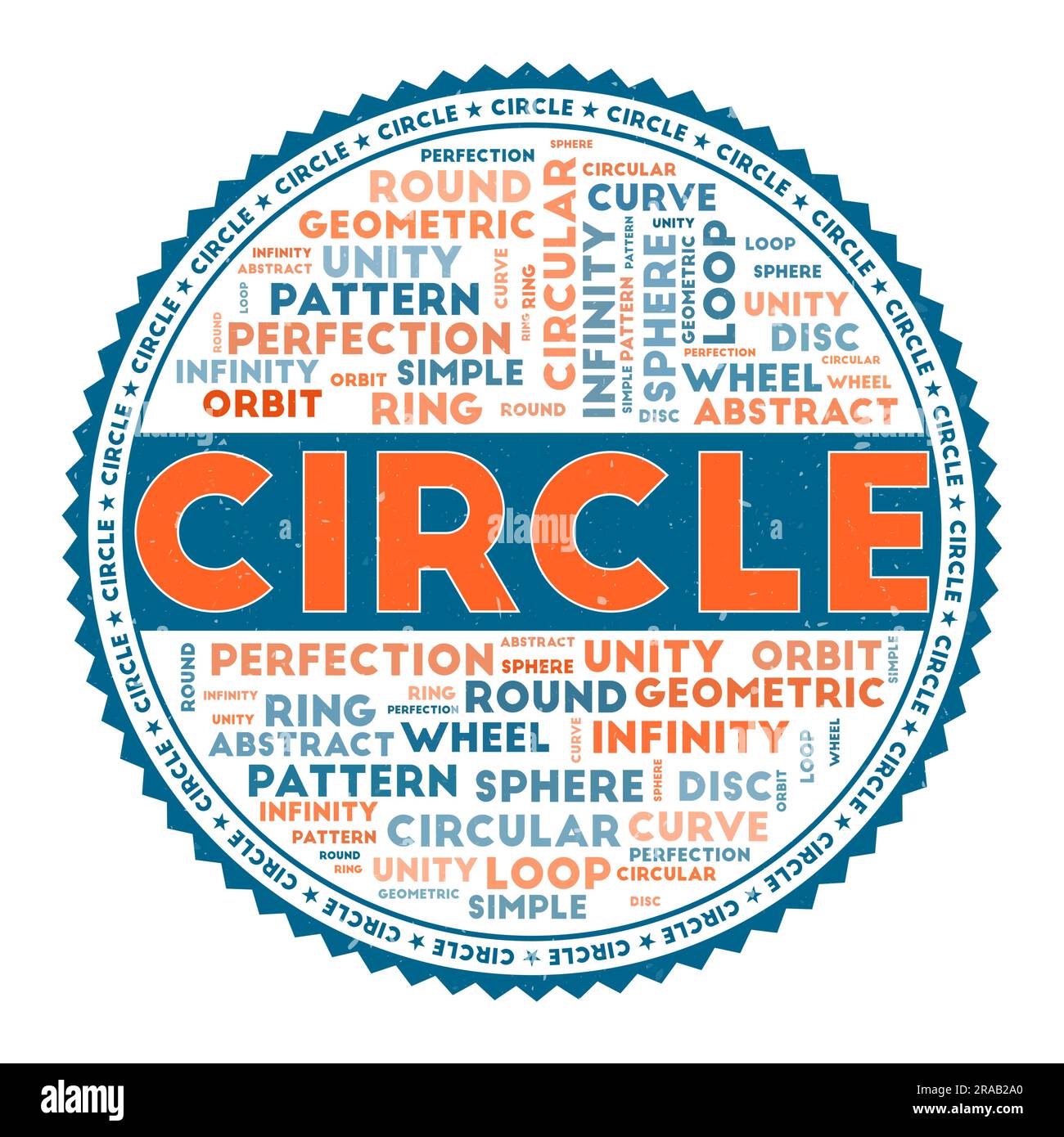 KREISFÖRMIGES Wortbild. Kreiskonzept mit Wortwolken und rundem Text. Schöne Farben und Grunge-Textur. Abbildung des Strahlungsvektors. Stock Vektor