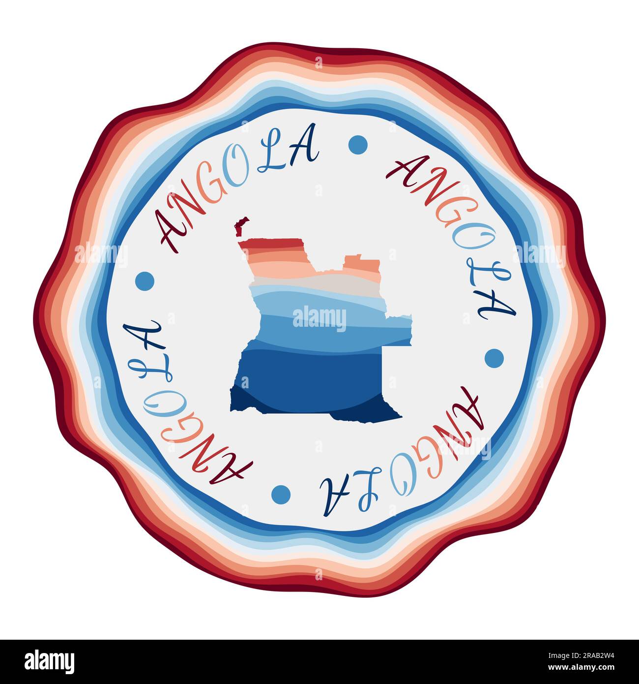 Angola-Abzeichen. Landkarte mit wunderschönen geometrischen Wellen und leuchtendem rot-blauem Rahmen. Lebendiges rundes Angola-Logo. Vektorabbildung. Stock Vektor