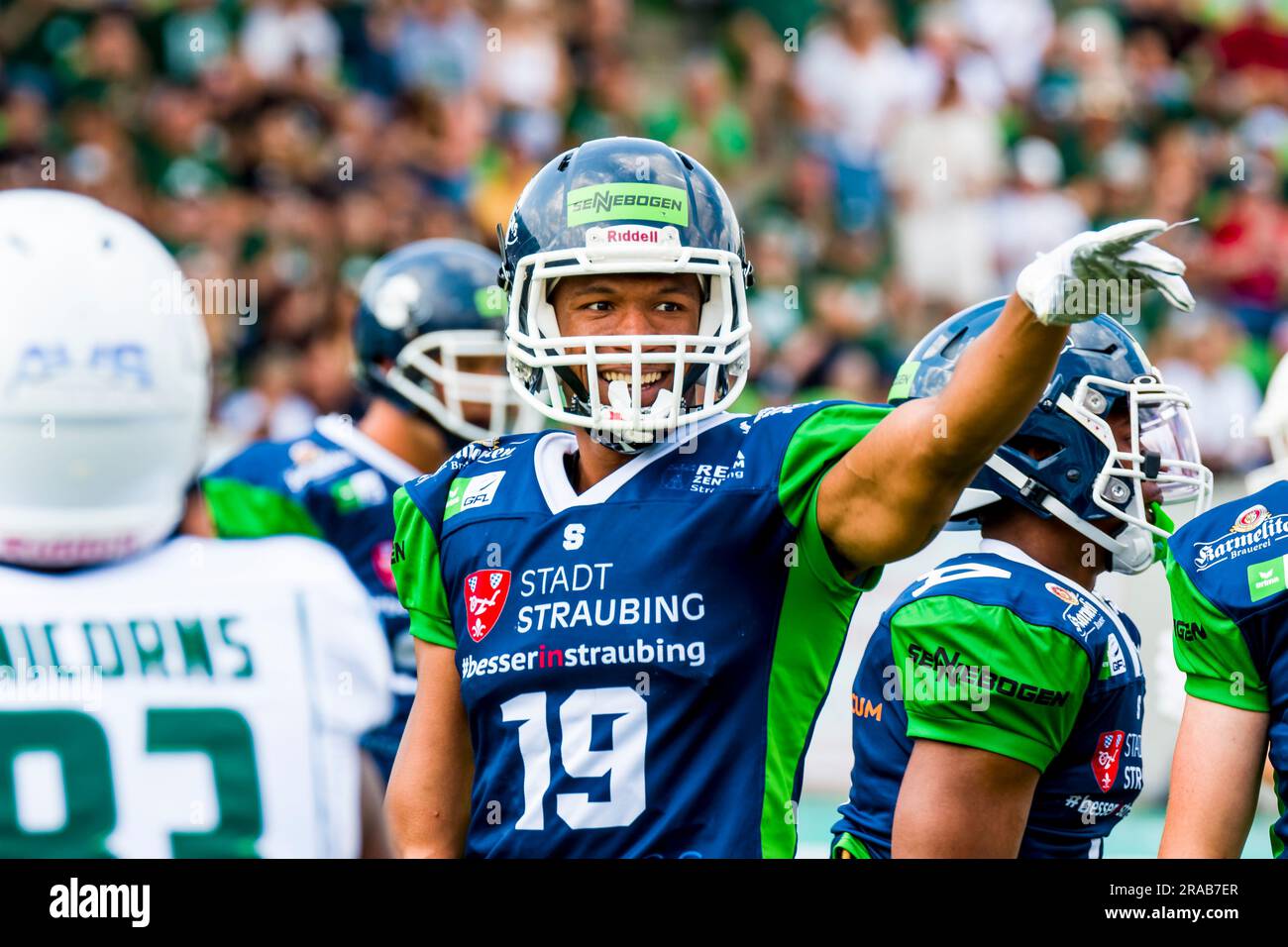 erima GFL / Deutsche Fußballliga, Schwaebisch Hall Unicorns - Straubing Spiders im Optima-Sportpark Shwaebisch Hall am 02,2023. Juli Deutschland, Straubing Spiders - WR # 19 Isaiah Amaechi Stockfoto