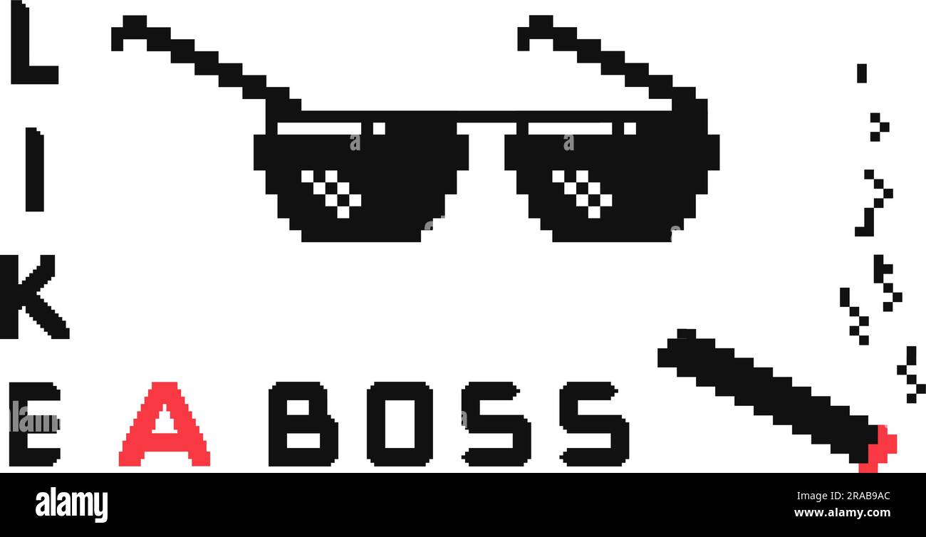 Wie ein gegliedertes, pixelisoliertes Konzept. MEME Gangster Retro-Design. Schwarze Sonnenbrille und Zigarette, 8-Bit 80-90s grafisch anständiger Vektorhintergrund Stock Vektor