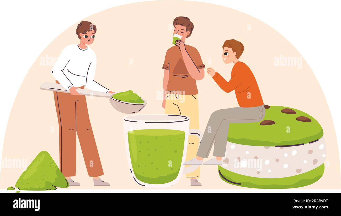 Jungs, die Matcha-Tee und Desserts machen. Teenager, moderne Party, gesunde Lifestyle-Typen. Junge Erwachsene trinken und essen, Cartoon-Vektorszene Stock Vektor