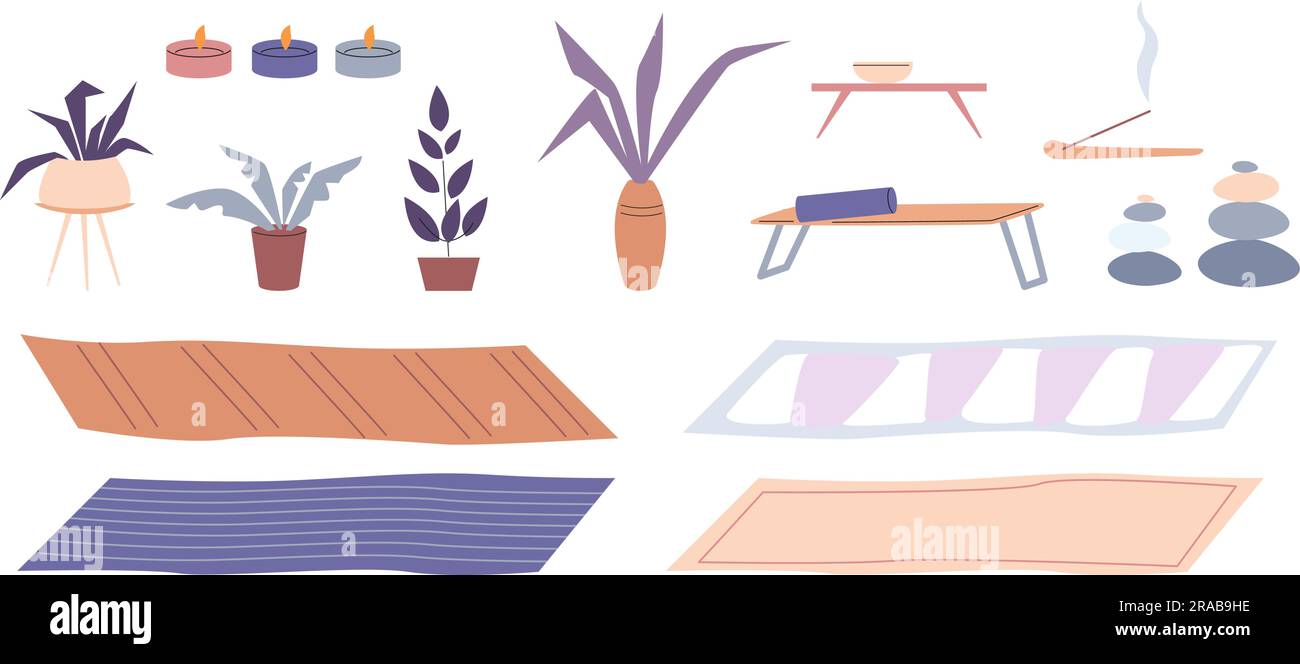 Wohlbefinden, Yoga-Studio oder Pilates-Elemente. Sportmatte, Kerzen und Pflanzen in Töpfen. Räucherstäbchen und Balancesteine, Vektormeditationsobjekte Stock Vektor