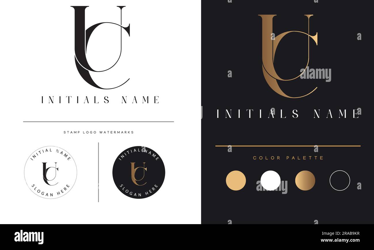 Luxuriöses UC- oder CU-Logo mit Textanzeige und Monogramm Stock Vektor