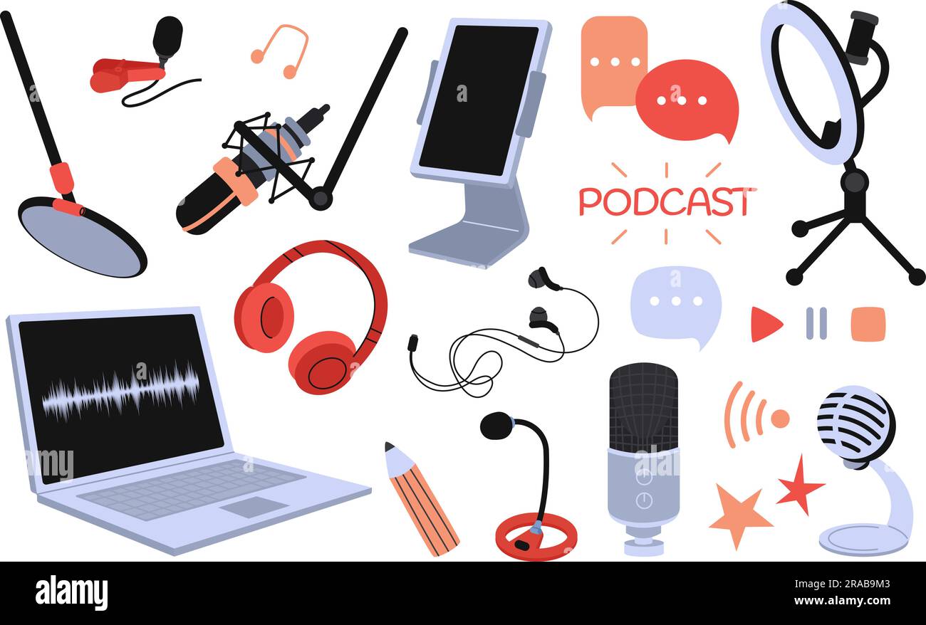 Digitale Podcast-Technik. Leicht, Mikrofon und Tablet, Laptop und Kopfhörer. Streaming von Live- oder tv-Audiosendungen, Radiowellen-geeigneter Vektor Stock Vektor