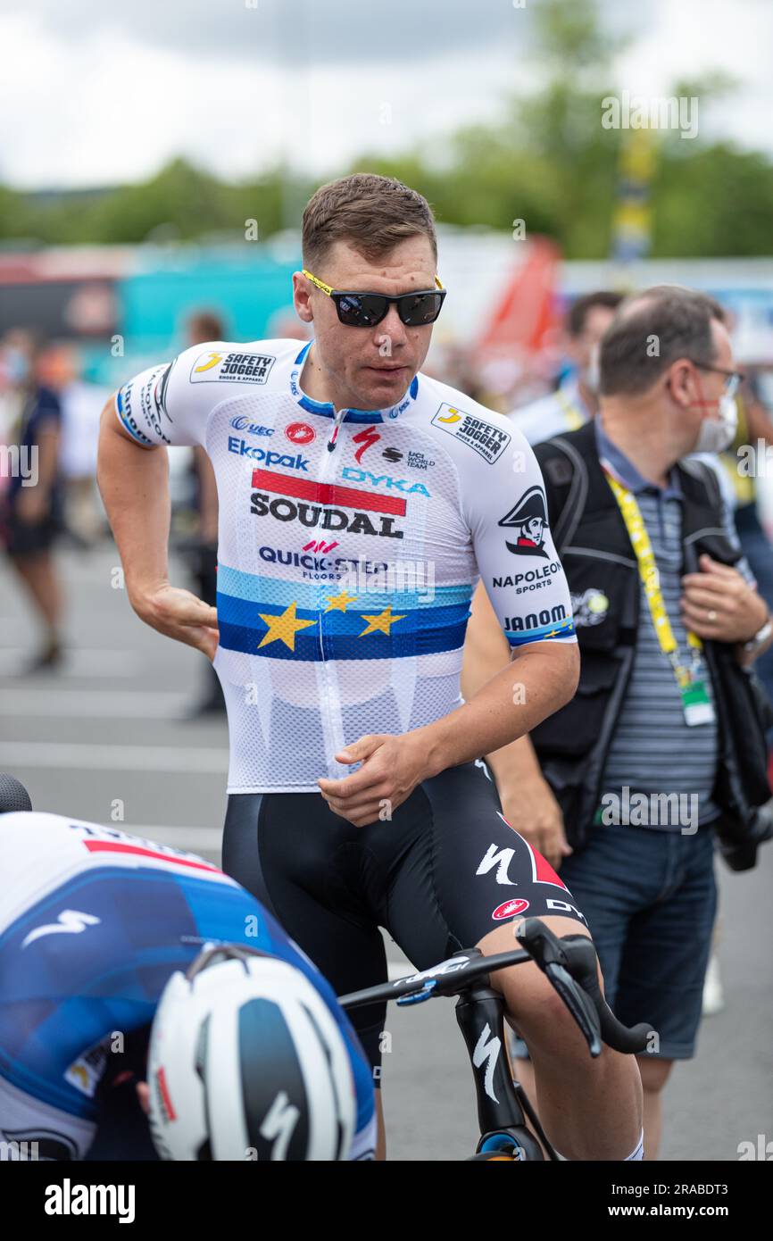 Saint Sebastian, Baskenland, Spanien, 2. Juli 2023, FABIO JAKOBSEN von SOUDAL KURZANLEITUNG zu Beginn der Phase 2, 209km von Vitoria-Gasteiz nach Saint-Sebastien während der 110. Ausgabe der Tour de France. Kredit: Nick Phipps/Alamy Live News Stockfoto