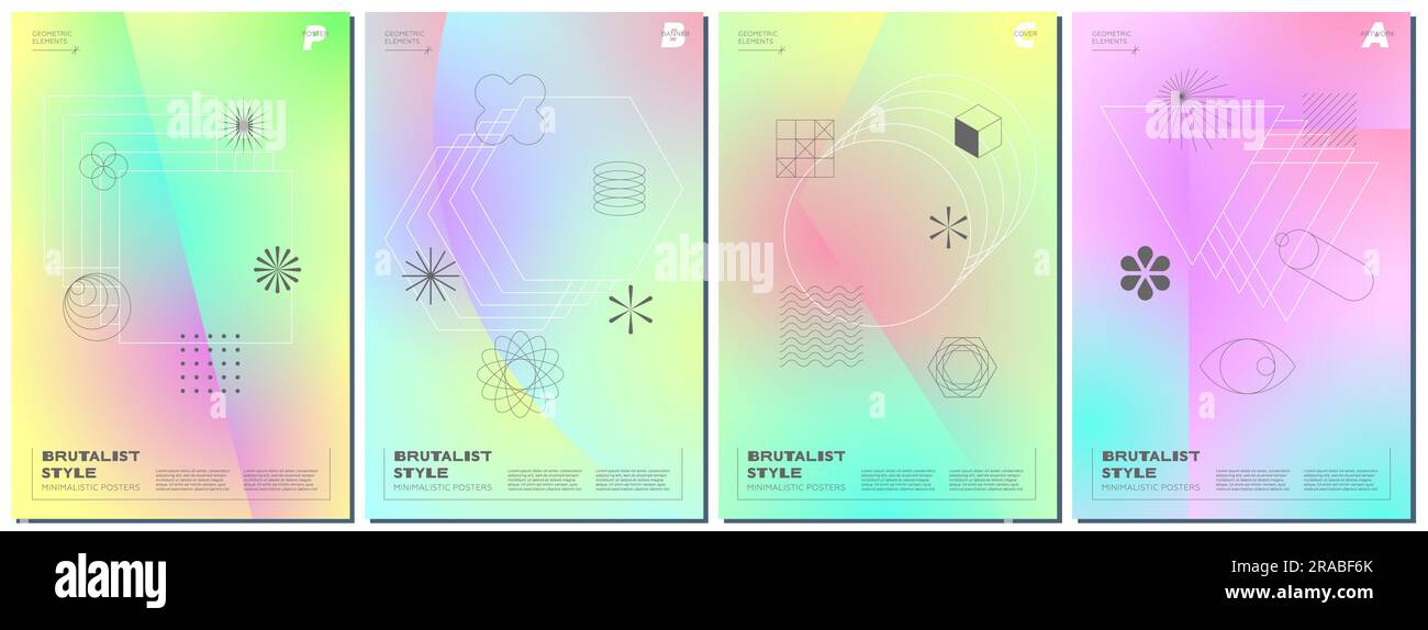 Trendiges Poster mit minimalistischen geometrischen Formen auf verlaufendem Hintergrund. Moderne, brutalistische Designs mit minimalistischen Aufdrucken und einfachen Figuren und Grafikelementen. Brutale Y2K-Vektorabdrücke Stock Vektor