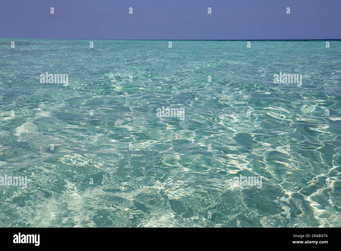 Smaragdgrüne Wassertextur, transparente Meersoberfläche mit Wellen und sandigem Boden. Türkis, natürlicher Hintergrund Stockfoto