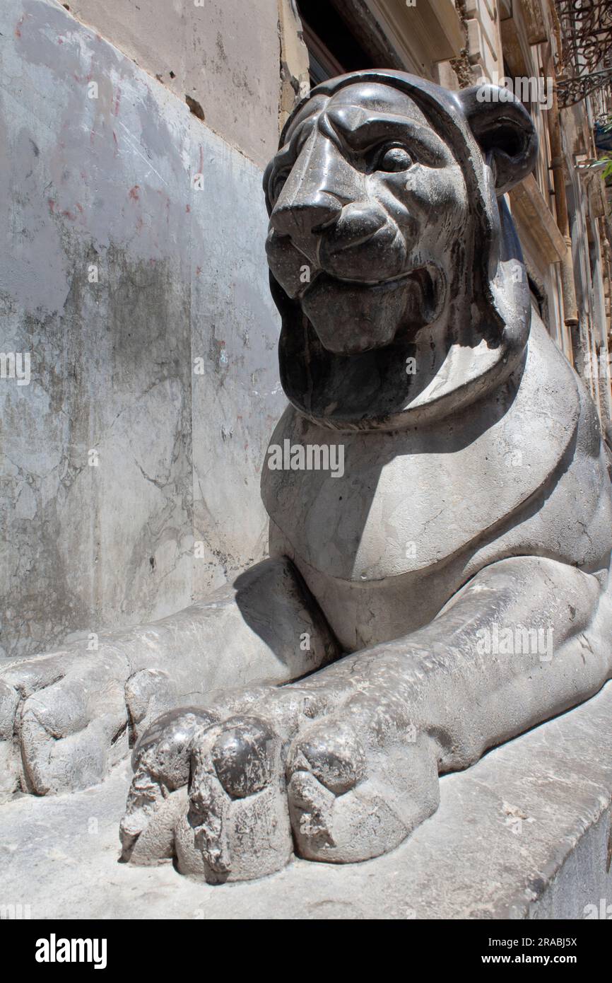 Statue eines Löwen in der Nähe des Praetorianischen Brunnens - Fontana Pretoria - Palermo, Sizilien Stockfoto