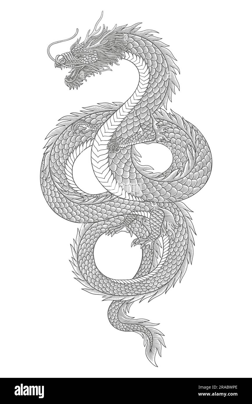 Japanischer Drachen Vektor Vintage Gravur Zeichnungsstil Illustration Stock Vektor