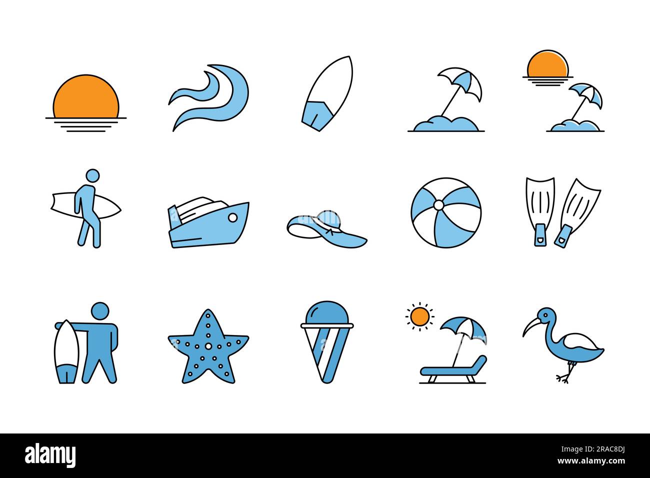 Sommerset-Symbol. Enthält Symbole für Sonnenuntergänge, Sonnenaufgänge, Wellen, Surfbretter, Sonnenschirme, Surfer, Sonnenliegen und mehr. Flaches Design im Icon-Stil. Sim Stock Vektor