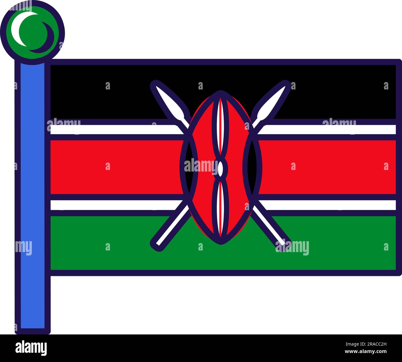 Nationalflagge der Republik kenia auf Flaggenmast-Vektor. Dreifarbig aus Schwarz, Rot und Grün mit maasai-Schild und gekreuzten Speeren. Anzahl afrikanische Nationalgewerkschaften Stock Vektor