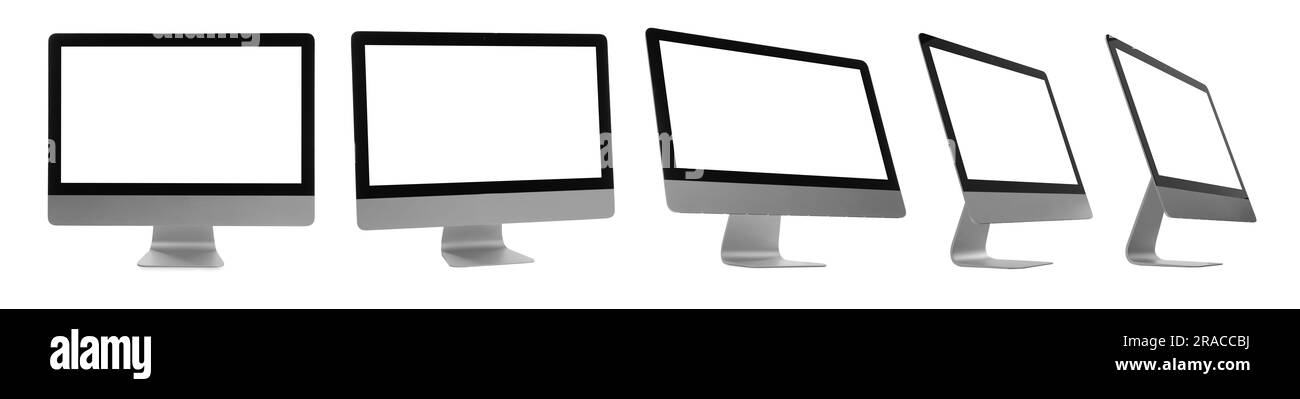 Collage-Design mit Computermonitor auf weißem Hintergrund, verschiedene Seiten Stockfoto