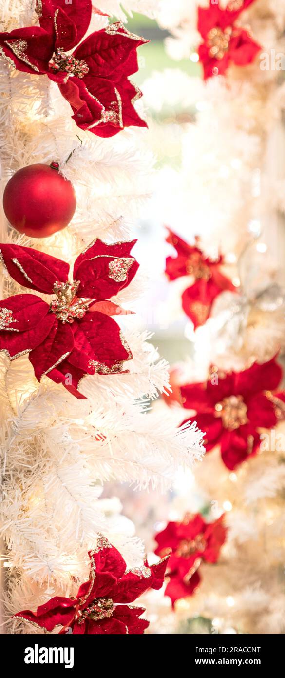 Weihnachtsdekoration mit roten Kugeln und Blumen. Für Hintergründe oder Banner. Stockfoto
