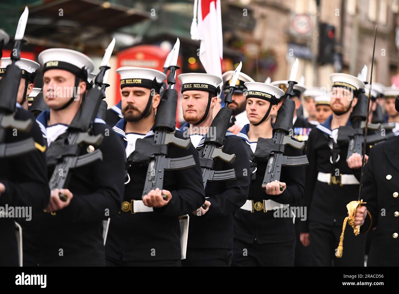 Am frühen Morgen findet eine Prozessionsprobe entlang der Royal Mile in Edinburgh statt, bevor König Charles III. Thanksgiving feiert. Foto: Montag, 3. Juli 2023. Stockfoto