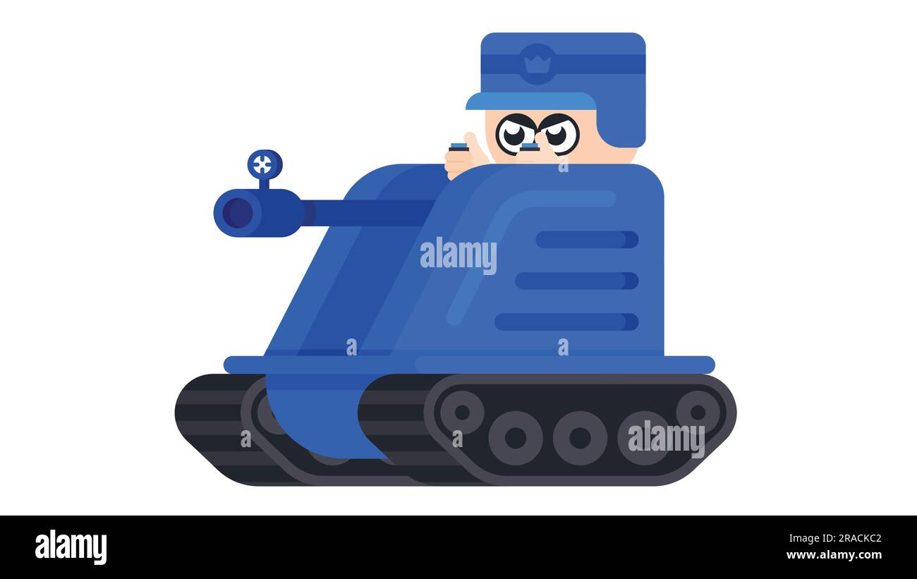 Cartoon-Soldat, der Panzer fährt. Blauer Soldat in einem Panzer, bereit für den Angriff, flache Vektordarstellung Stock Vektor