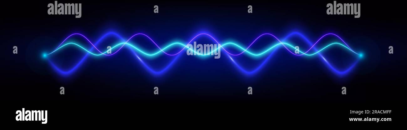 Blaues Neon-Audio-Signal Stimmwellen-Impulslicht. Abstrakter Radio-elektronischer Frequenzvektoreffekt-Hintergrund. Dynamische Equalizer-Wellenform, unscharfe Kurvendarstellung. Stock Vektor