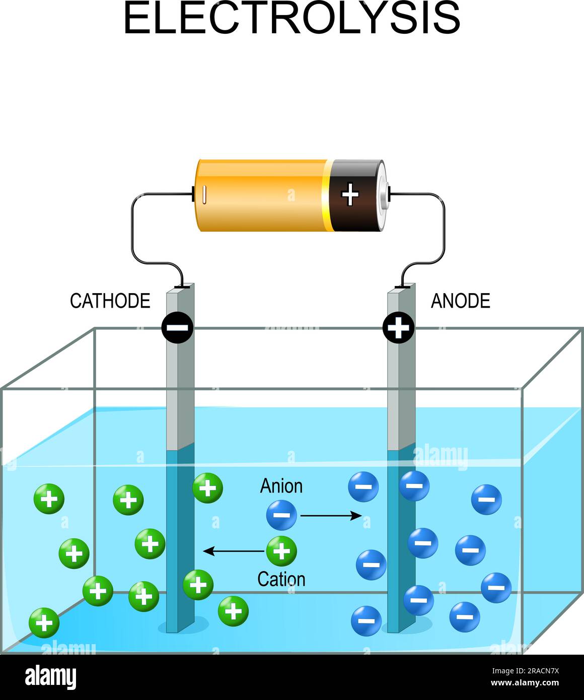 Elektrolyseprozess. Galvanisches Zellenelement. Elektrolyt-Experiment. Vektordarstellung Stock Vektor