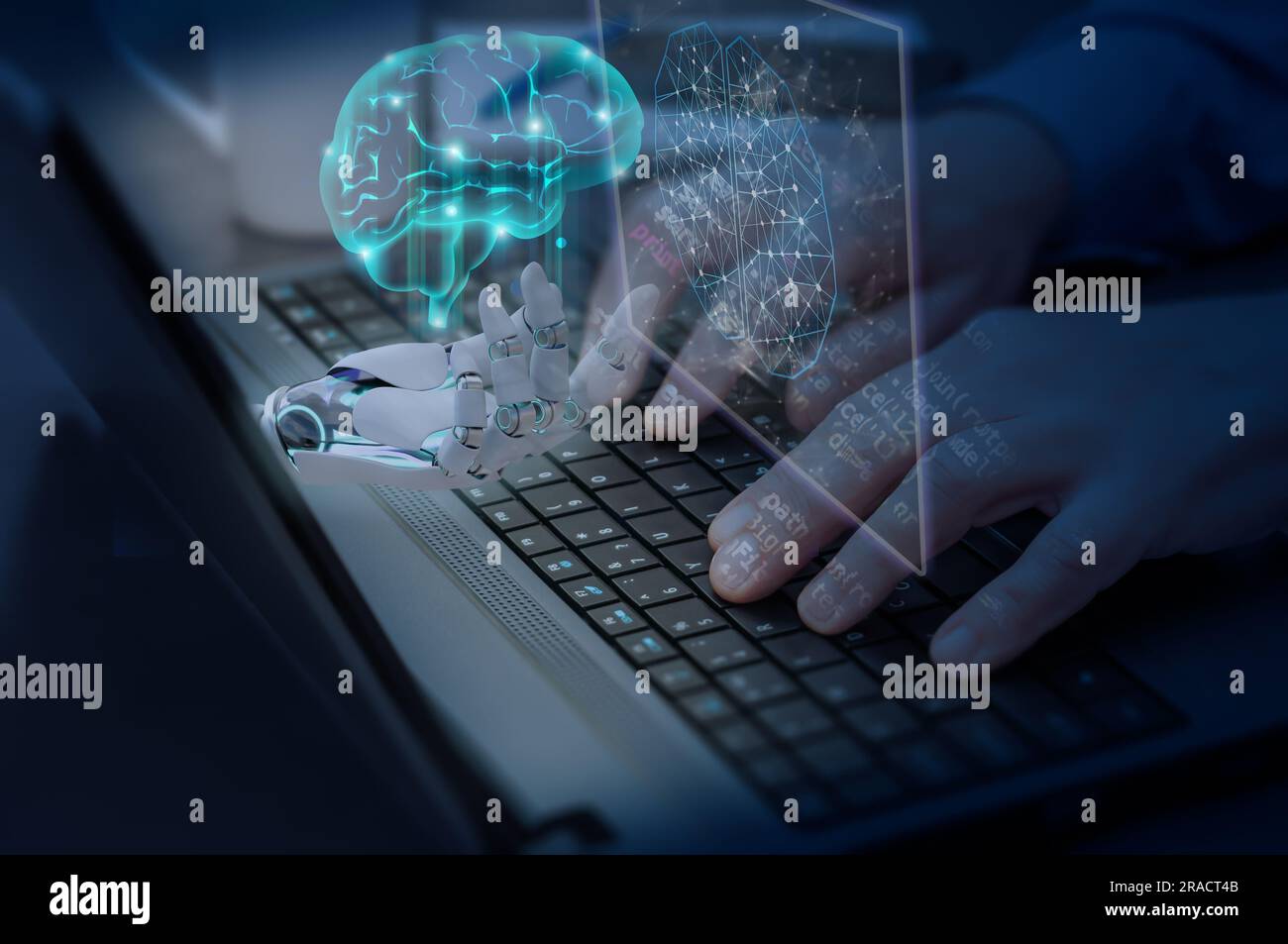 Nahaufnahme der Hände eines Mannes auf einer Laptop-Tastatur. Konzept der Entwicklungsanwendungen von künstlicher Intelligenz, Deep Machine Learning, Virtual REA Stockfoto