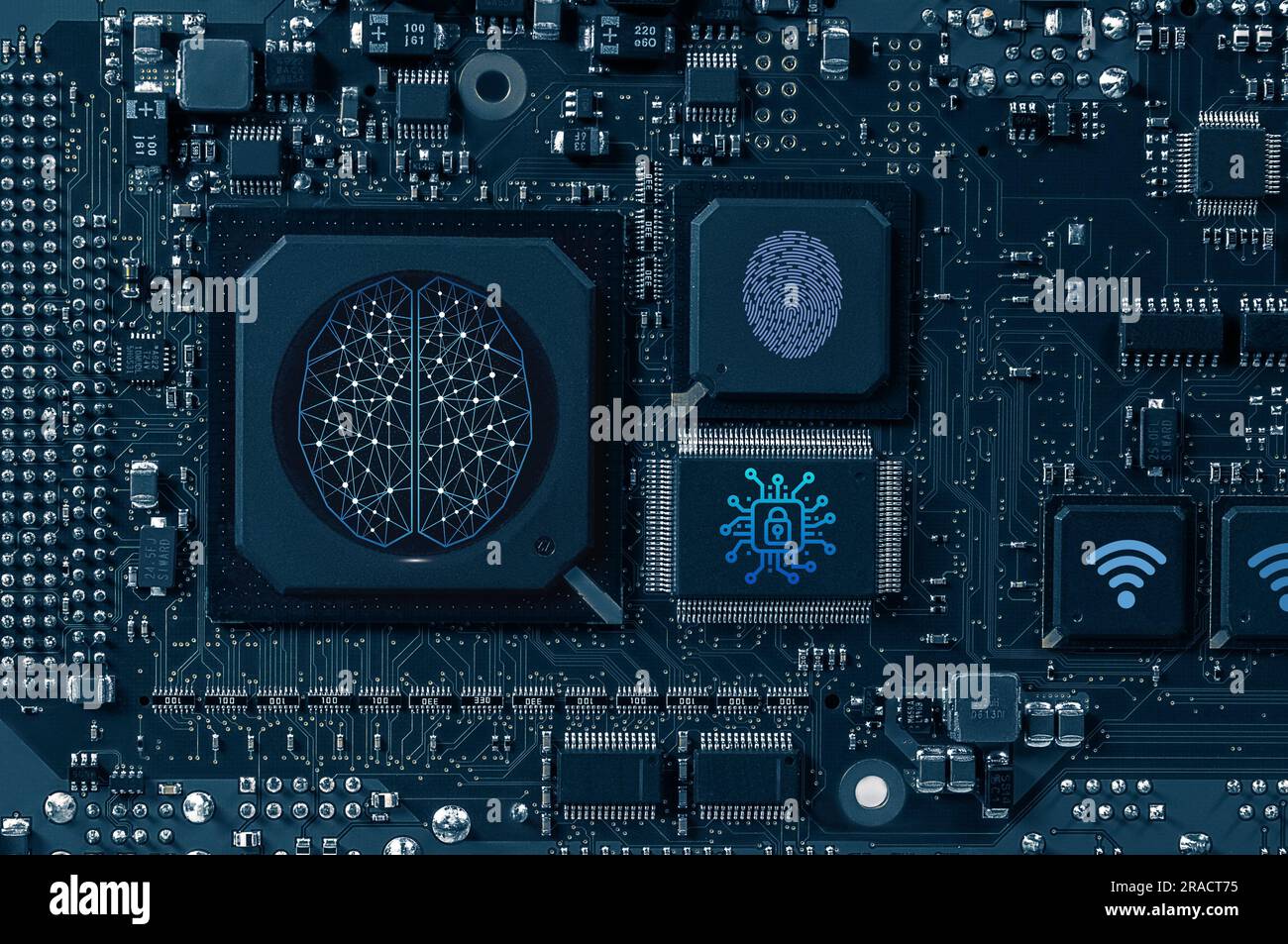 Elektronische Leiterplatte mit passiven und aktiven Schaltungskomponenten und IC-Nahaufnahme Stockfoto