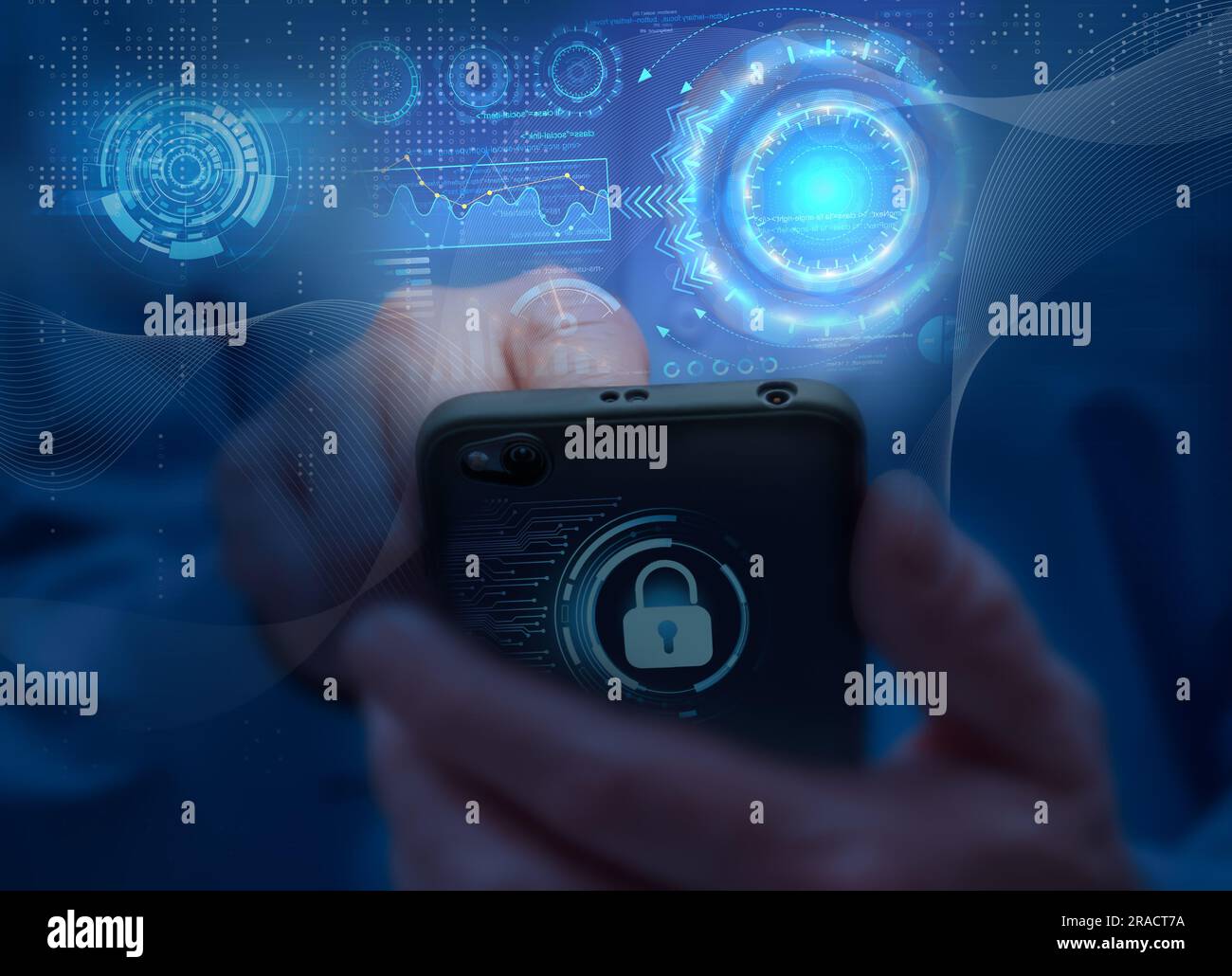 Ein Mann in blauem Hemd hält ein Handy. Symbole und Symbole für mobiles Internet, soziale Netzwerke, E-Mails, Cloud-Speicher, Multimedia-Dienste usw. Mob Stockfoto