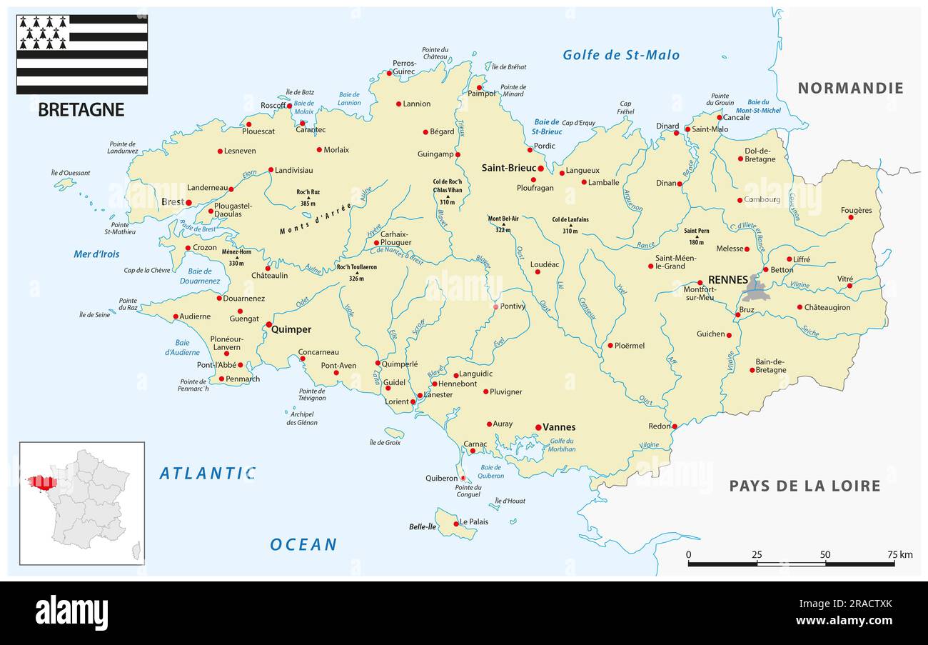 Vektorkarte der westfranzösischen Region der Bretagne Stockfoto