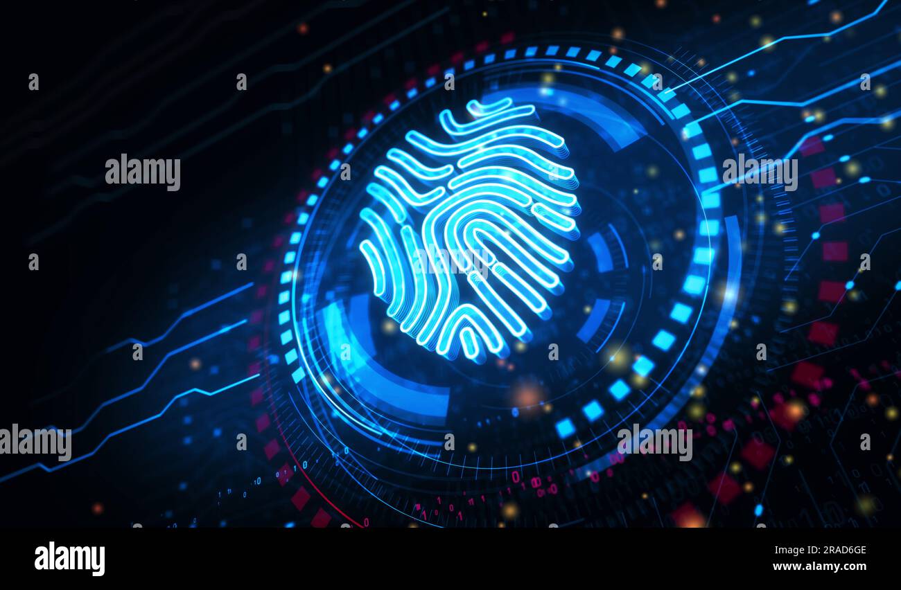 Fingerabdruck Cyber biometrische id Sicherheit und Identität und Datenschutz Symbol digitales Konzept. Netzwerk, Cyber-Technologie und Computerhintergrund Abstract 3D Stockfoto