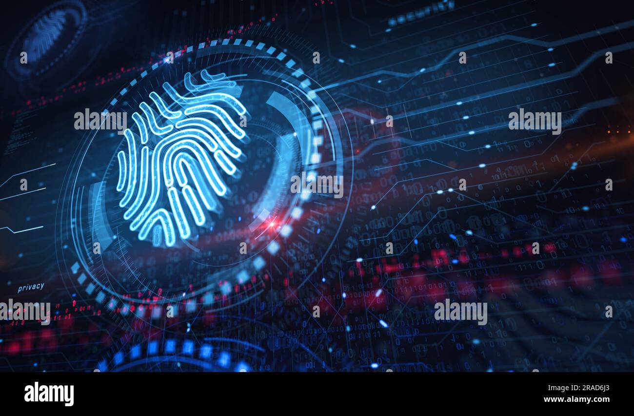 Fingerabdruck Cyber biometrische id Sicherheit und Identität und Datenschutz Symbol digitales Konzept. Netzwerk, Cyber-Technologie und Computerhintergrund Abstract 3D Stockfoto