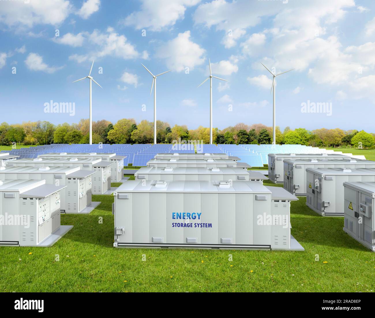 3D Menge der Energiespeichersysteme oder Batteriecontainereinheiten mit Solar- und Turbinenbetrieb Stockfoto