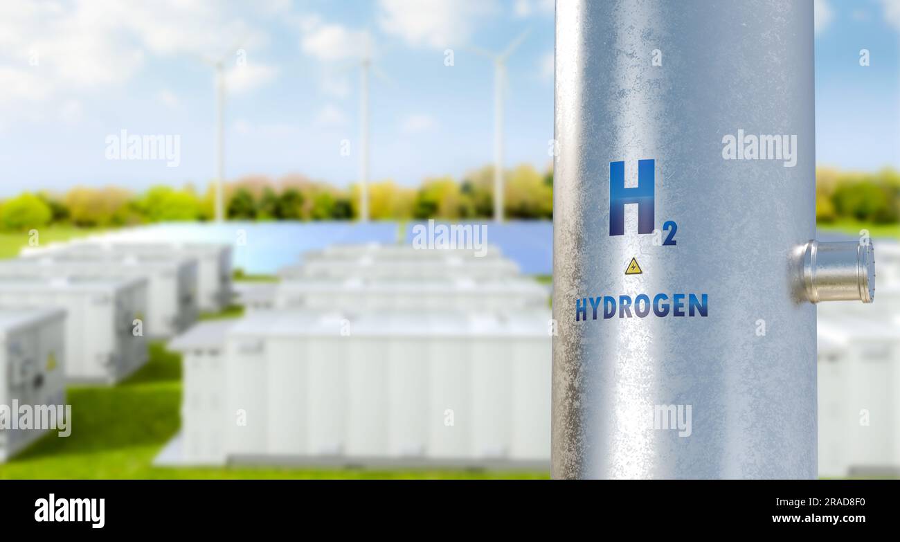 3D-Rendering-Pipeline für Metallwasserstoff mit grünem Feld und blauem Himmel Stockfoto