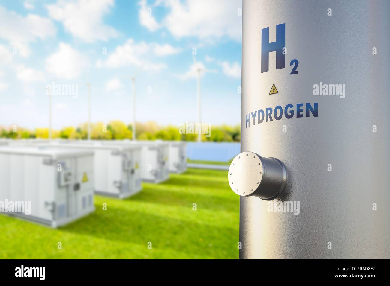 3D-Rendering-Pipeline für Metallwasserstoff mit grünem Feld und blauem Himmel Stockfoto