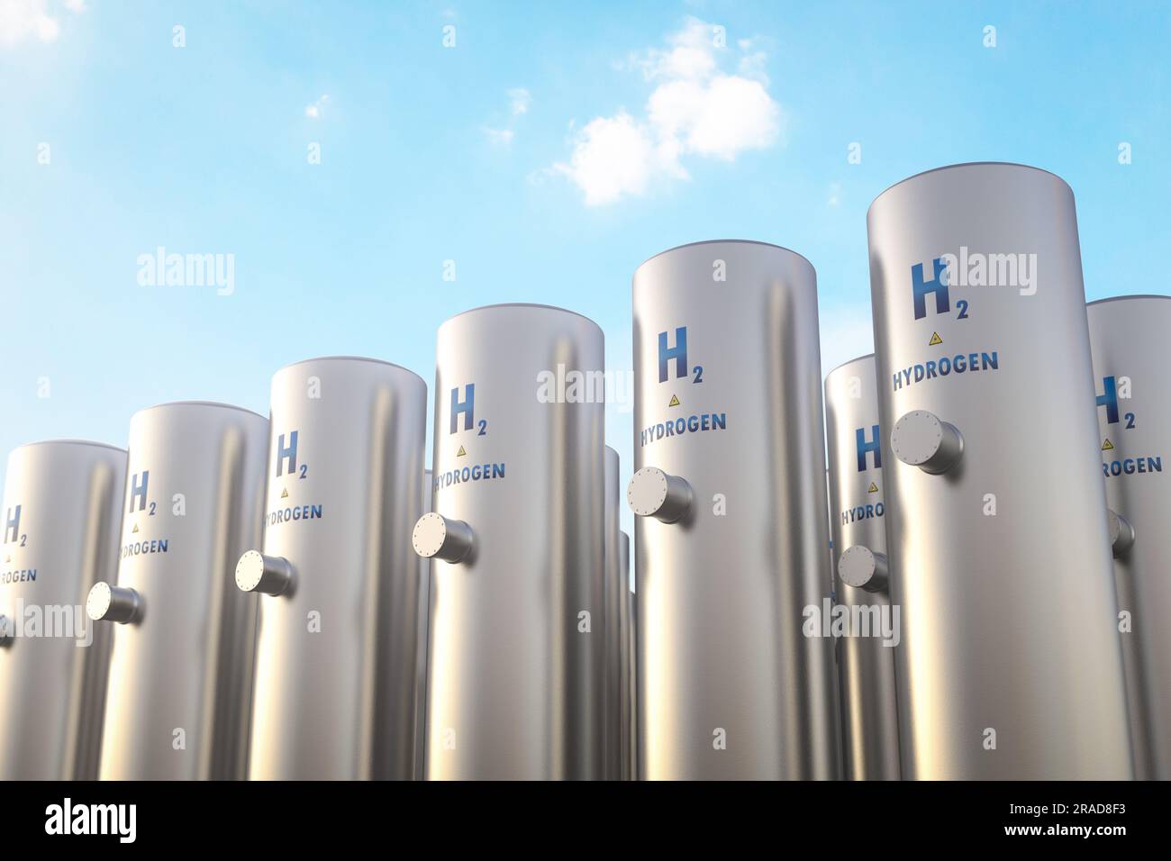 3D-Rendering-Menge an Wasserstoffleitungen aus Metall mit blauem Himmel Stockfoto