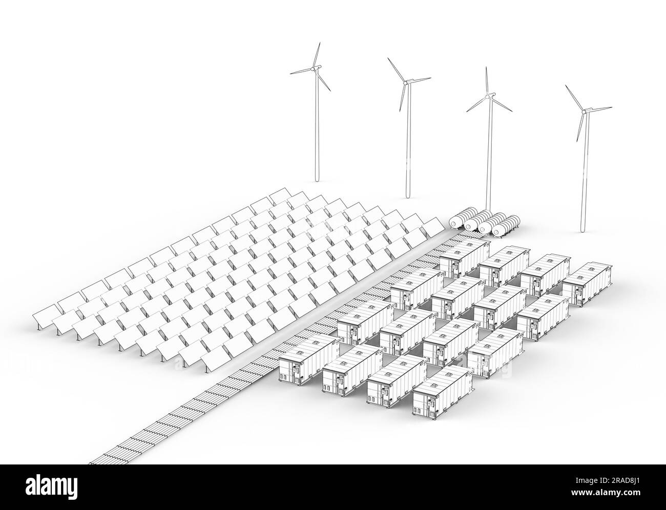 3D Darstellung von Energiespeichersystemen oder Batteriekontainereinheiten mit Solar- und Turbinenbetrieb Stockfoto