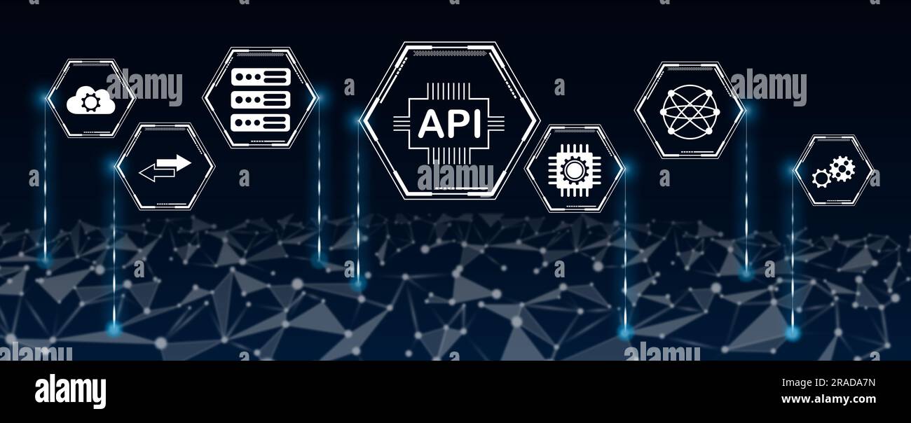Konzept der API mit Symbolen in Hexagonen, die mit dem abstrakten Netzwerk verbunden sind Stockfoto