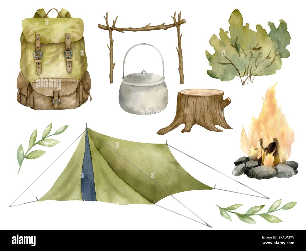 Camping-Aquarell-Set. Handgezeichnete Darstellung von Wanderzelt und Lagerfeuer auf einem weißen, isolierten Hintergrund. Zeichnung von Rucksack und Reisetopf. Traditionelle Ausrüstung für Campingplatz im Wald für Clipart. Stockfoto