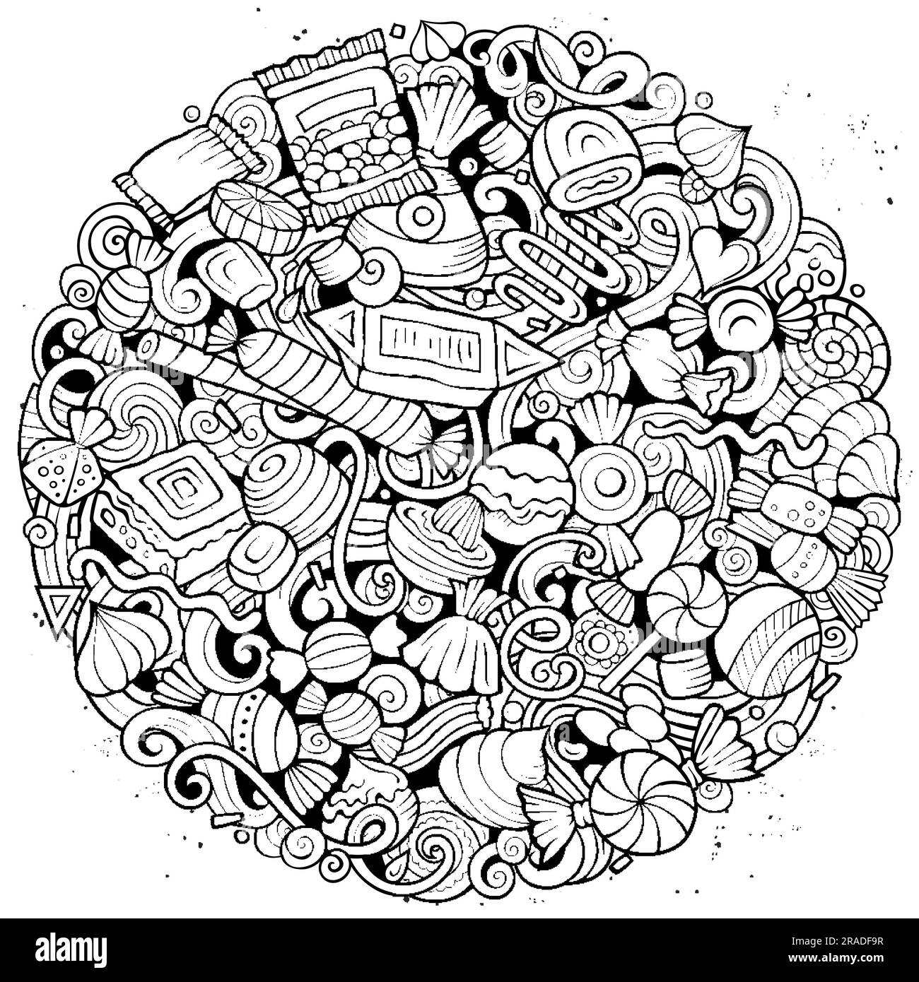 Bonbons Cartoon-Vektor runde Kritzeleien Illustration. Süßes Essen. Konfektionierungselemente und Hintergrund von Objekten. Ein komisches Bild. Alle Elemente sind Stock Vektor