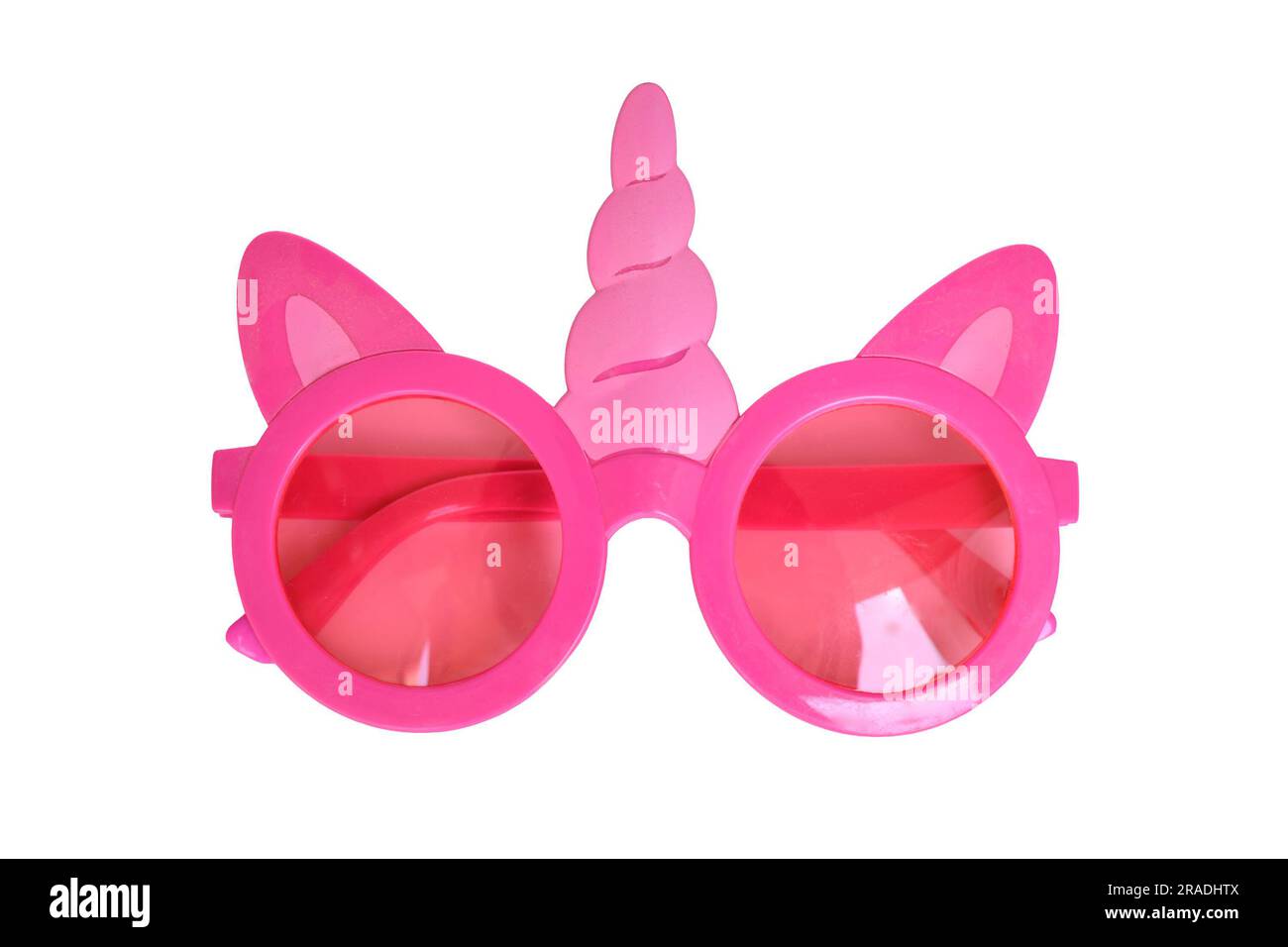 Süße pinkfarbene Einhorn-Sonnenbrille mit Horn und Ohren Stockfoto