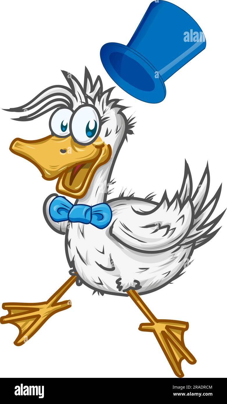 Ausdruck eines Überraschungs-Cartoon-Entenmaskotts mit blauem Hut Stock Vektor