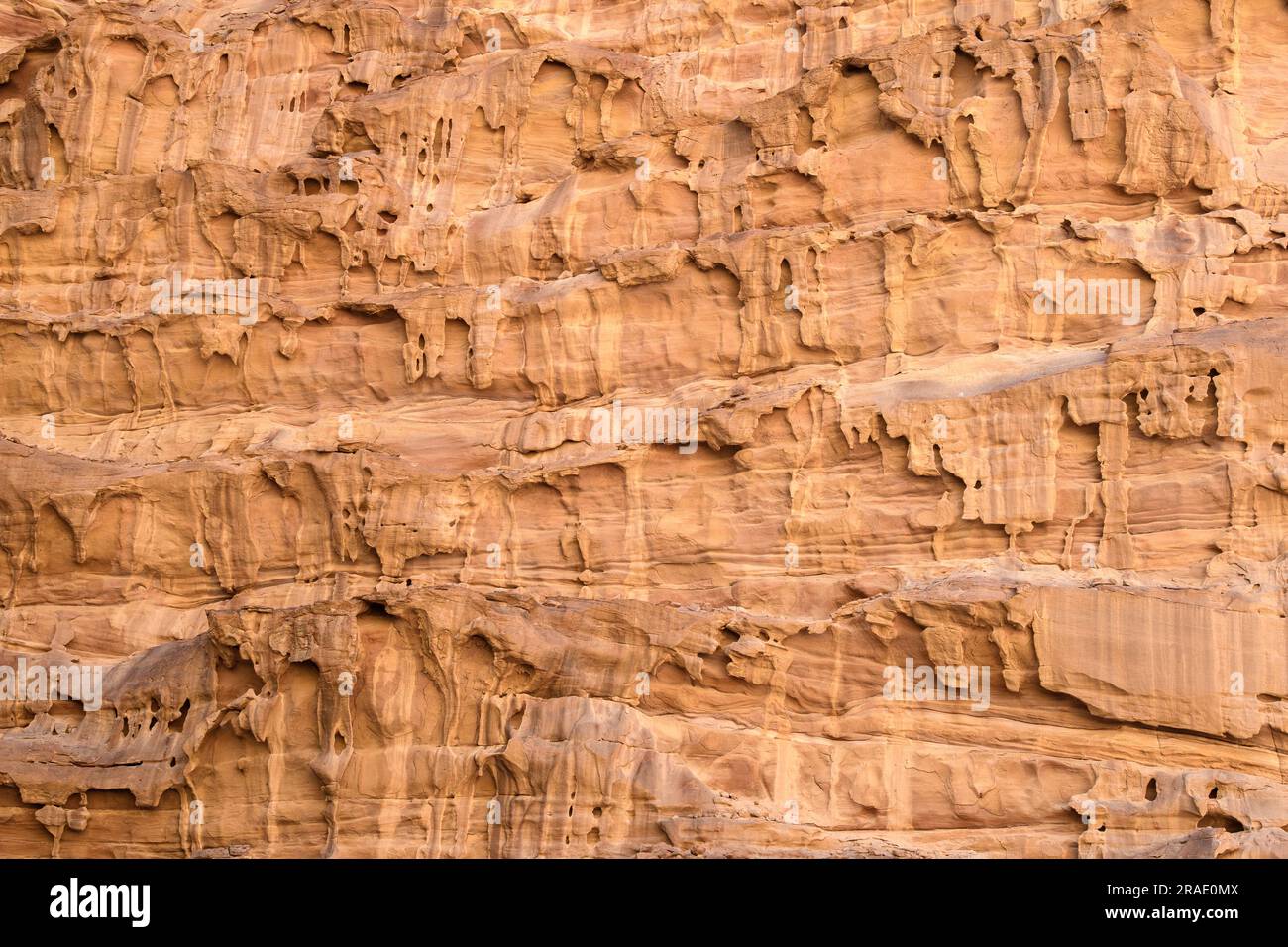 Arabische Wüste. Wadi Rum. Felsformation. Nahaufnahme. Muster. Hintergrund. Stockfoto