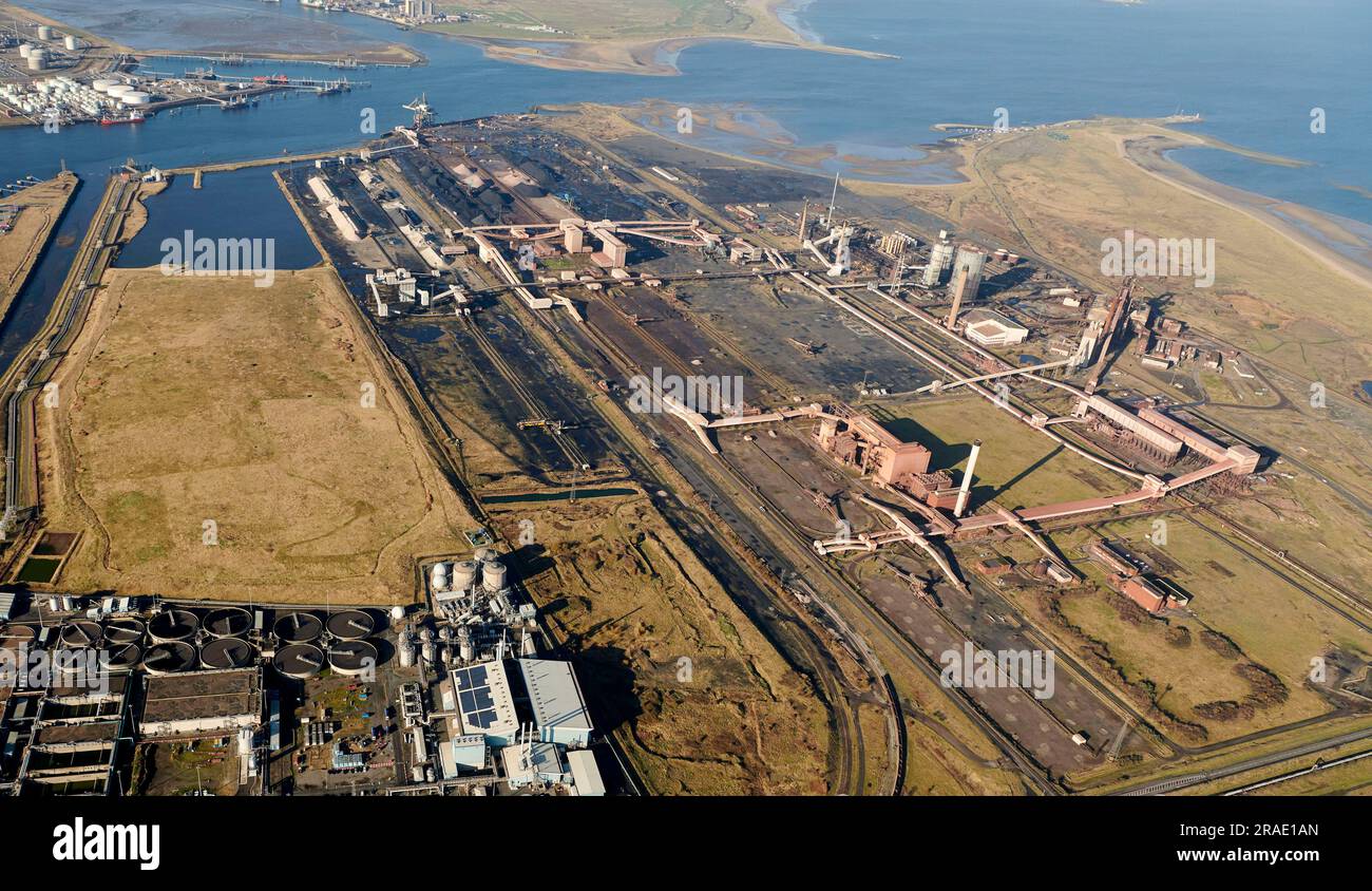 British Steel Site, Redcar, vor dem Abriss im Jahr 2018, aus der Luft geschossen, Teeside, Nordostengland, Großbritannien Stockfoto