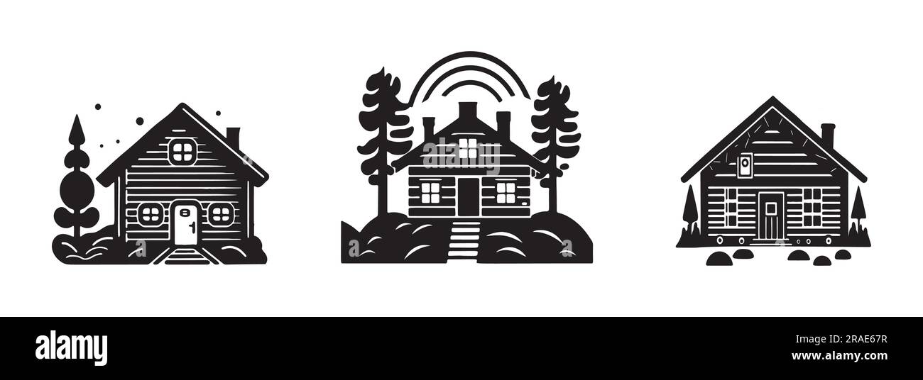 Eine Reihe von Vektordarstellungen für Holzhütten und Tannenbäume. Maskuline Outdoor-Reise im nordischen Linocut-Chalet in skandinavischer Urlaubsgruppe Stock Vektor