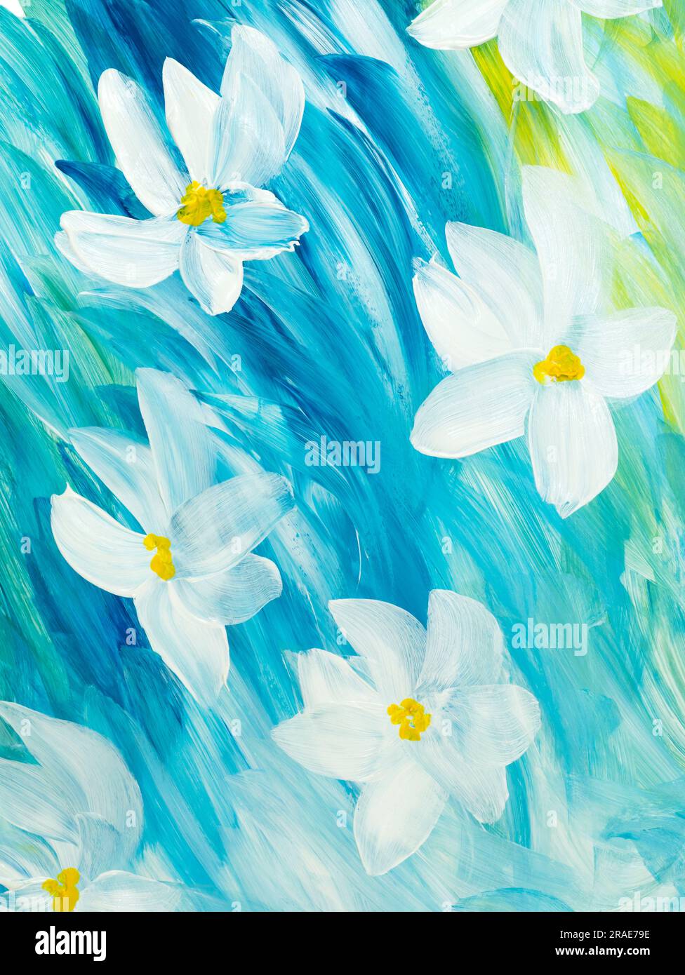 Abstrakte weiße Blüten auf Blau, handgezeichnet, impressionistischer Stil, Farbstruktur, Pinselstriche von Farbe, Kunsthintergrund. Moderne Kunst. Contempo Stockfoto
