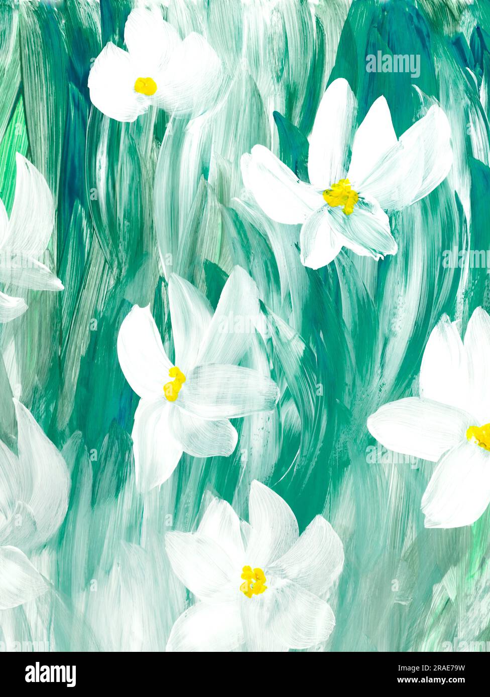 Abstrakte weiße Blumen auf Grün, originell handgezeichnet, impressionistischer Stil, Farbstruktur, Pinselstriche von Farbe, Kunsthintergrund. Moderne Kunst. Zeitgenössisch Stockfoto