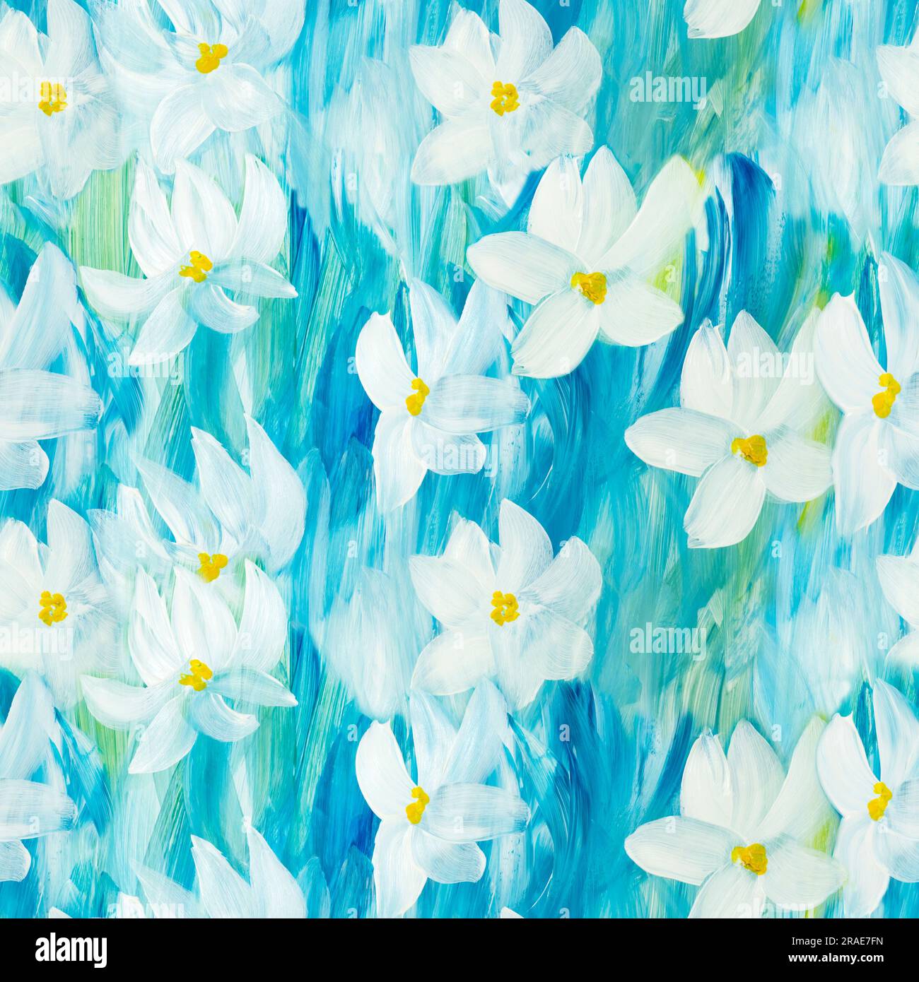 Nahtloses Muster abstrakter weißer Blumen auf Blau, handgezeichnet, impressionistischer Stil, Farbstruktur, Pinselstriche, Kunsthintergrund. Stockfoto
