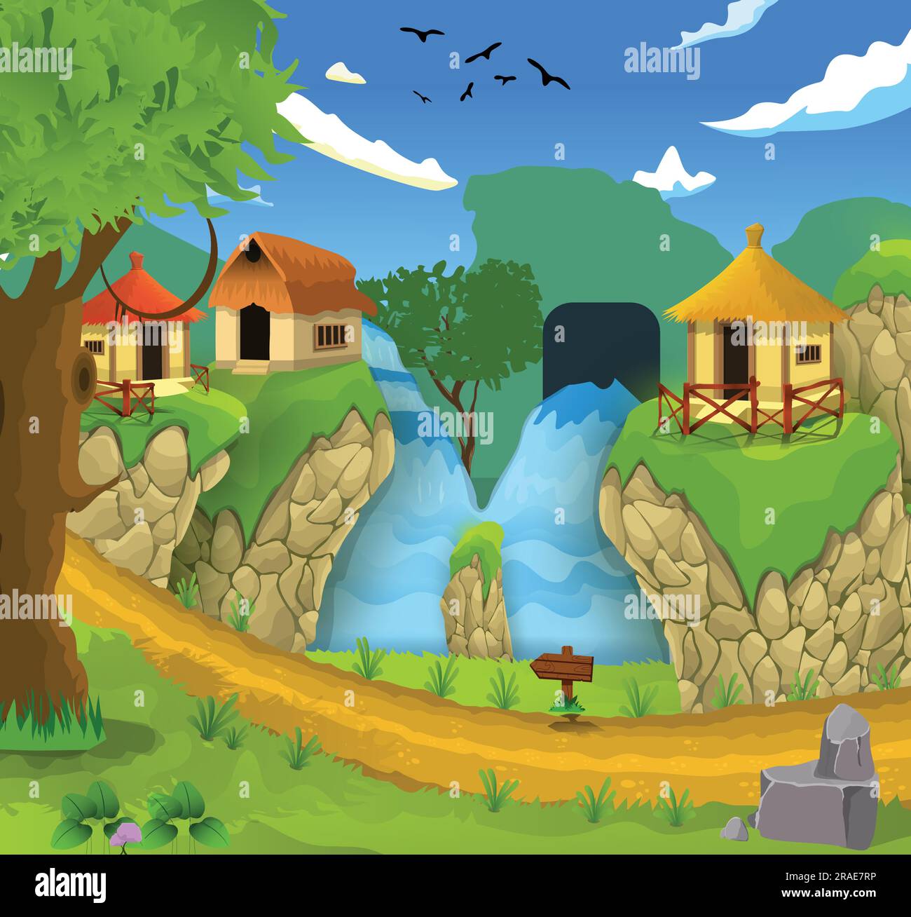 Wunderschöner chinesischer Dorf-Cartoon mit grünen Wiesen und umgeben von Bäumen und Bergen. Stock Vektor