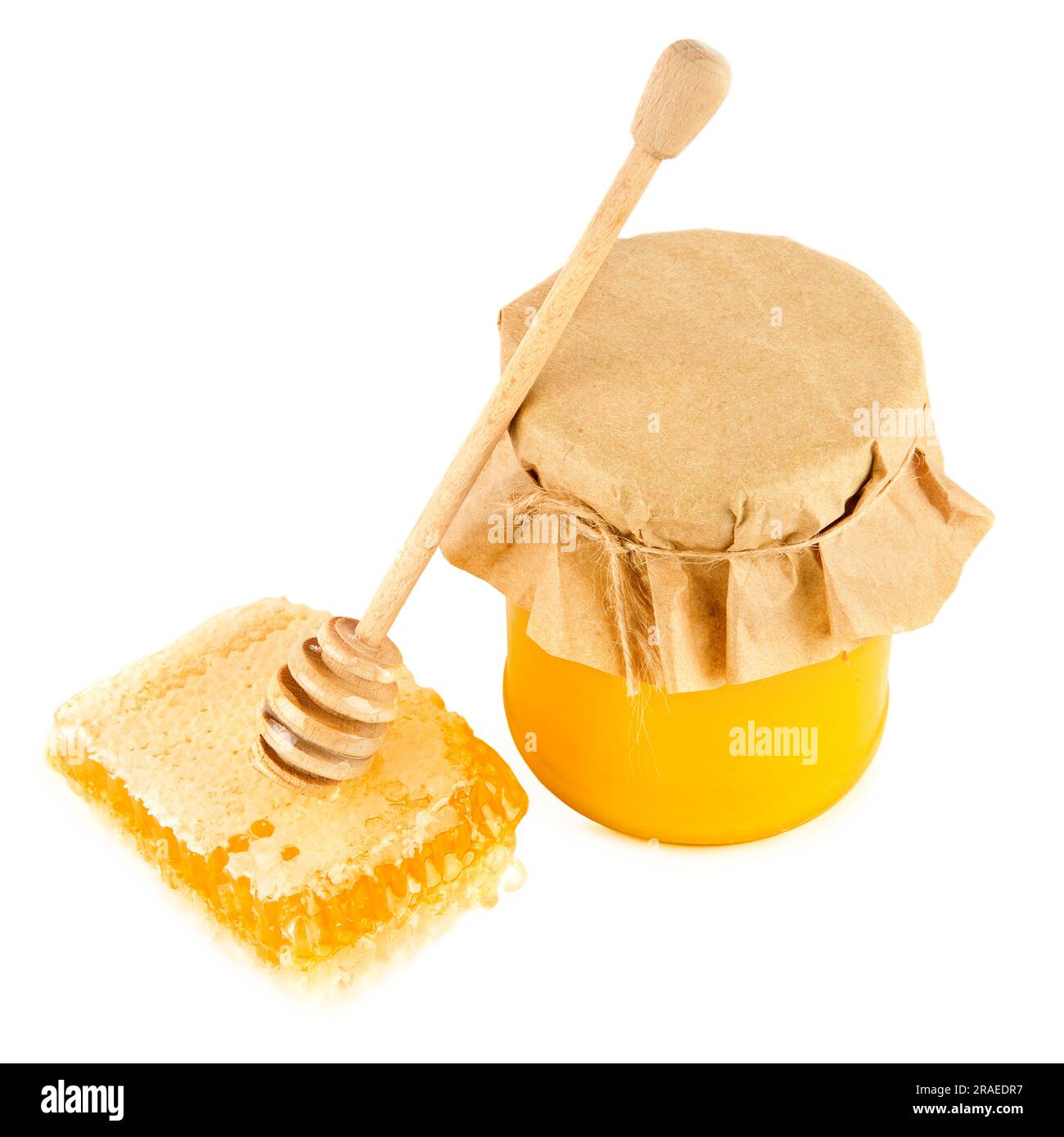 Bienenhonig in Waben und in einem Glas, isoliert auf weißem Hintergrund. Stockfoto