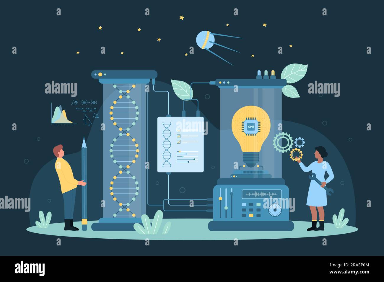 Cartoon Tiny People erforschen Glühbirne mit Schaltkreis im Inneren und DNA-Spiralmodell mit intelligenten Laborgeräten und Werkzeugen, testen kreatives wissenschaftliches Projekt. Wissenschaftsideen dunkle Vektordarstellung. Stock Vektor