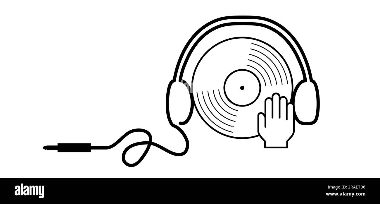Cartoon Hand kratzt auf Vinyl oder lp. Die Hände des DJ-Disk-Jockey-Plattenspielers. Schallplattenalbum. Tonträger, Musikaufnahme. Gramophon-Etikett Stockfoto