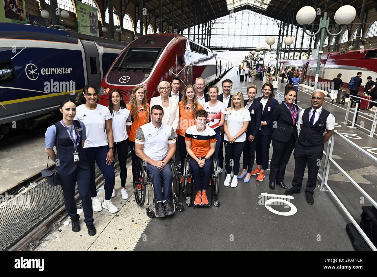 Paris, Frankreich. 03. Juli 2023. Sportler und Teammitglieder posieren für den Fotografen auf einer Pressekonferenz der Eisenbahngesellschaft Eurostar Group am Montag, den 03. Juli 2023 in Paris. 2024 wird die Eurostar-Gruppe die Olympischen und Paralympischen Teams aus Belgien, dem Vereinigten Königreich und den Niederlanden zu den Olympischen Spielen in Paris transportieren. BELGA FOTO ERIC LALMAND Kredit: Belga News Agency/Alamy Live News Stockfoto