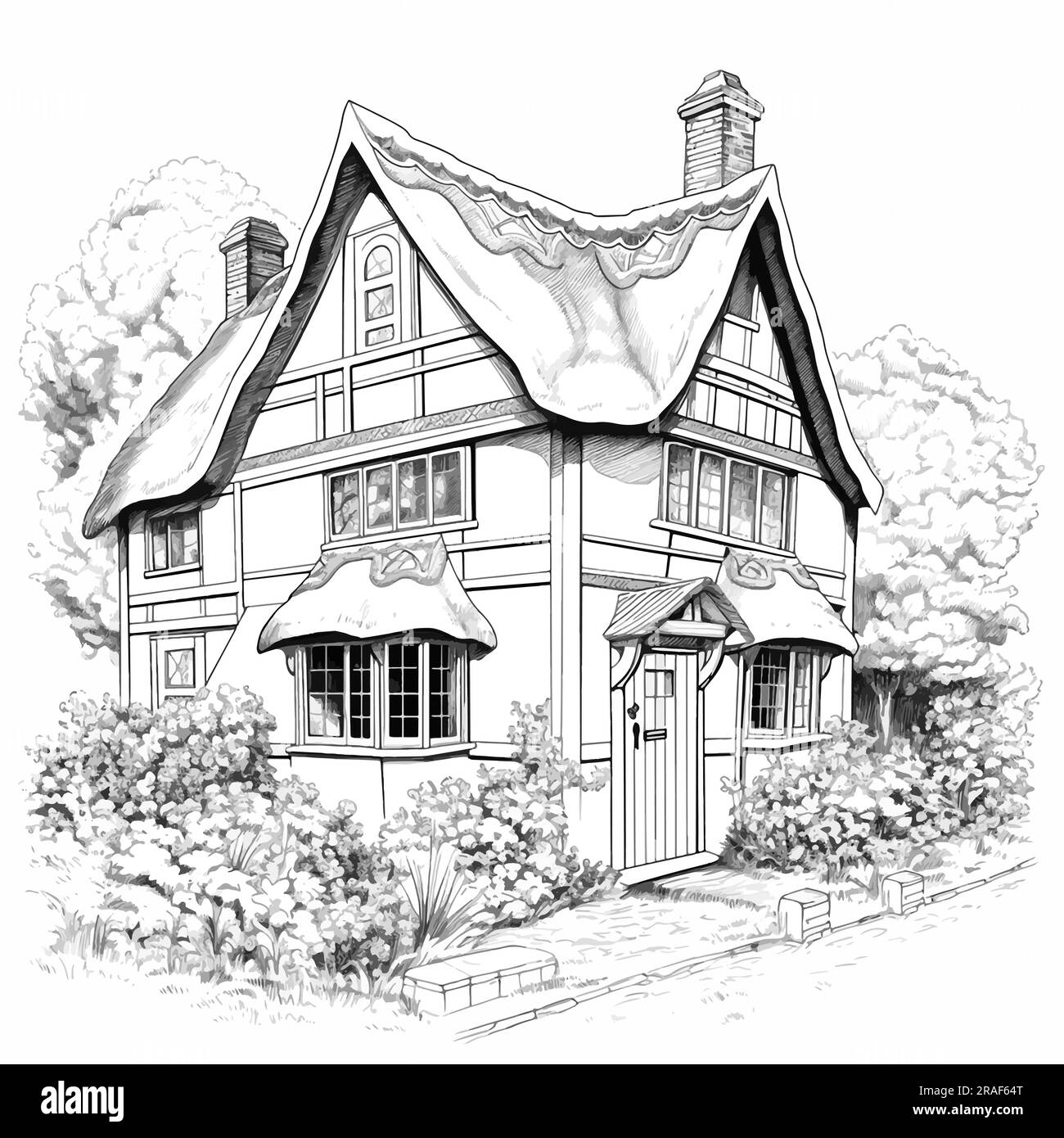 Süßes englisches Haus in Schwarz-Weiß-Vektordarstellung für Erwachsene. Architektur im Retro-Stil im Landhausstil. Gemütliches Haus mit Kamin und Stock Vektor