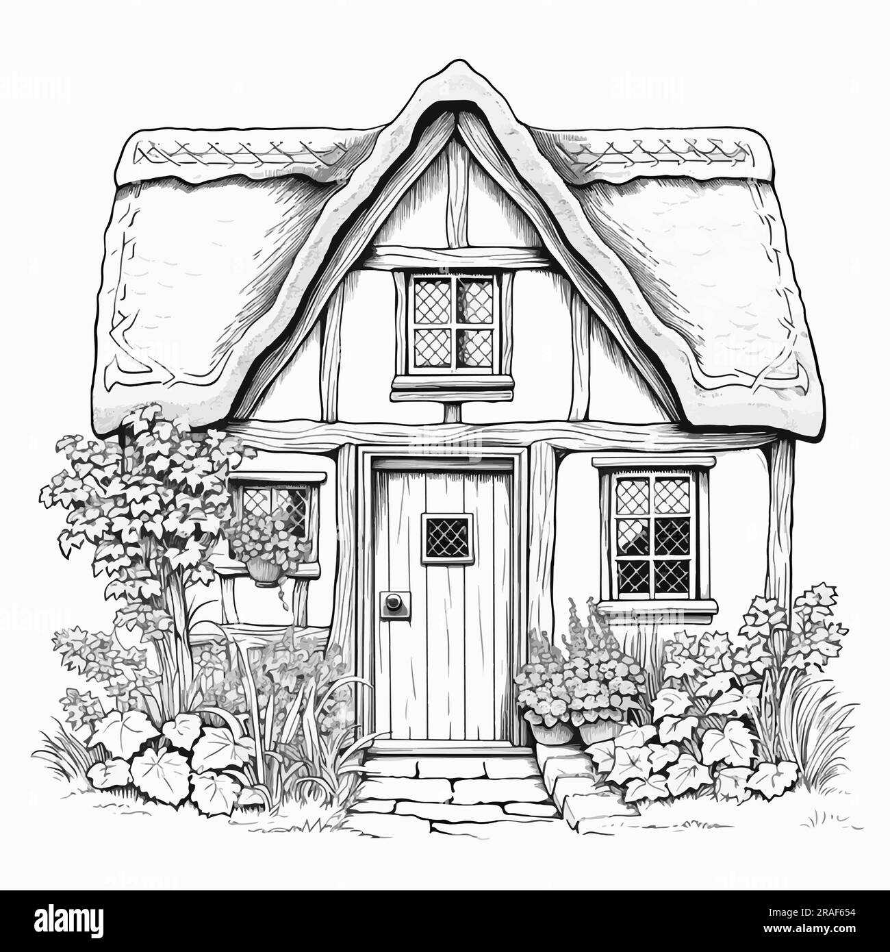 Süßes englisches Haus in Schwarz-Weiß-Vektordarstellung für Erwachsene. Architektur im Retro-Stil im Landhausstil. Gemütliches Haus mit Kamin und Stock Vektor